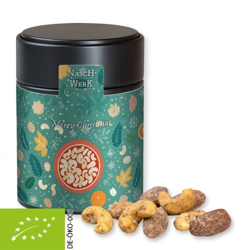 Organic cinnamon-almond vanilla-cashew mix, ca. 100g, metal tin midi black with label