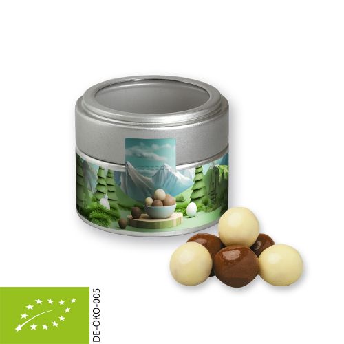 Organic choco crispy balls, ca. 45g, metal tin mini silver with window with label