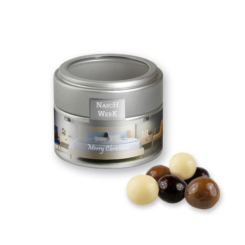 Choco crispy balls, ca. 45g, metal tin mini silver with window with label