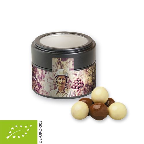 Organic choco crispy balls, ca. 45g, metal tin mini black with window with label
