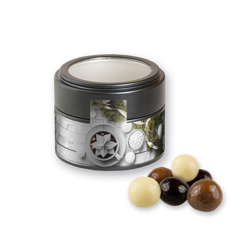 Choco crispy balls, ca. 45g, metal tin mini black with window with label