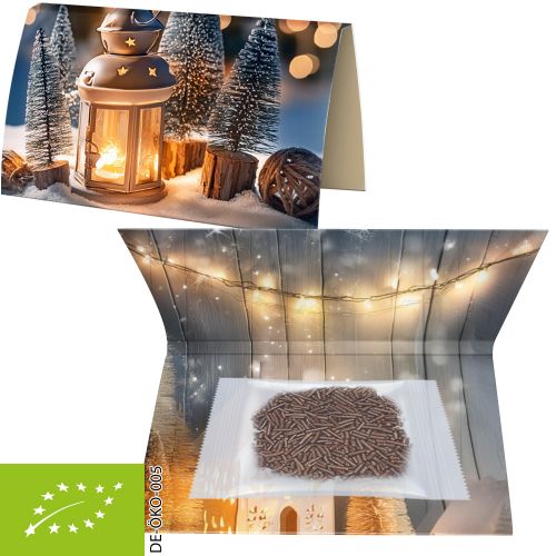 Organic chocolate-sprinkles, ca. 15g, express promotional card A6 folded with print