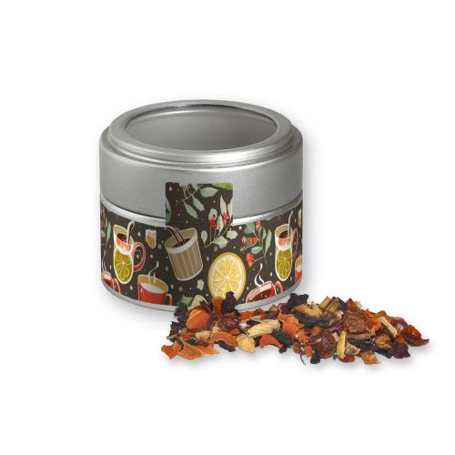 Fireplace tea, ca. 30g, metal tin mini silver with window with label