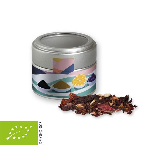 Organic Christmas fruit tea, ca. 30g, metal tin mini silver with window with label
