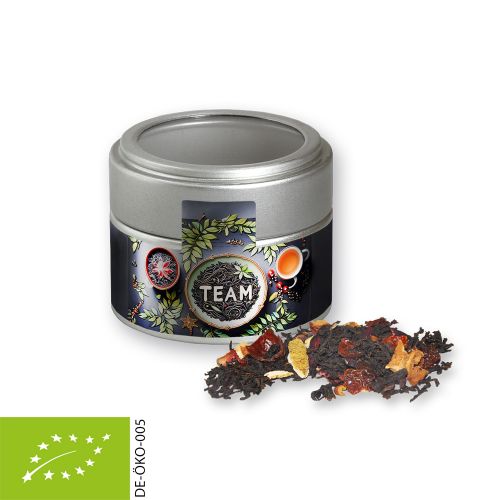 Organic Christmas black tea, ca. 30g, metal tin mini silver with window with label
