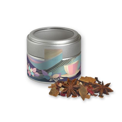 Mulled wine spice, ca. 30g, metal tin mini silver with window with label
