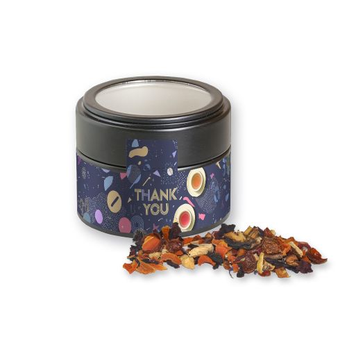 Fireplace tea, ca. 30g, metal tin mini black with window with label