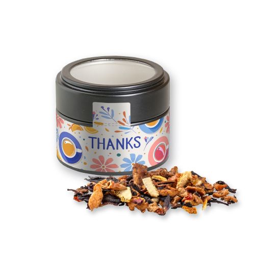Grandmas baked apple tea, ca. 30g, metal tin mini black with window with label