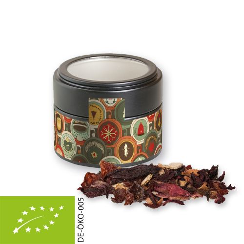 Organic Christmas fruit tea, ca. 30g, metal tin mini black with window with label