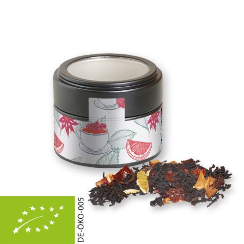 Organic Christmas black tea, ca. 30g, metal tin mini black with window with label