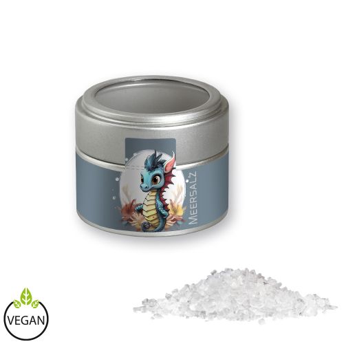 Sea salt, ca. 110g, metal tin mini silver with window with label
