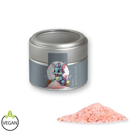 Pink crystal salt, ca. 110g, metal tin mini silver with window with label