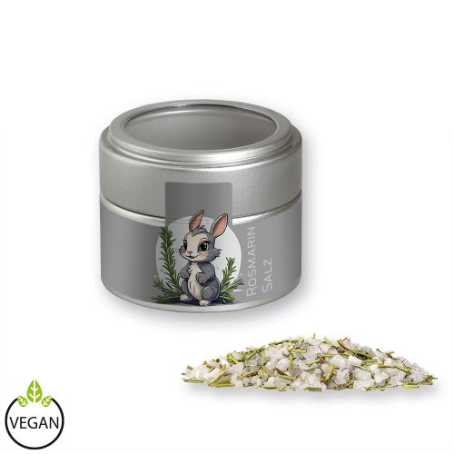 Rosemary salt, ca. 75g, metal tin mini silver with window with label