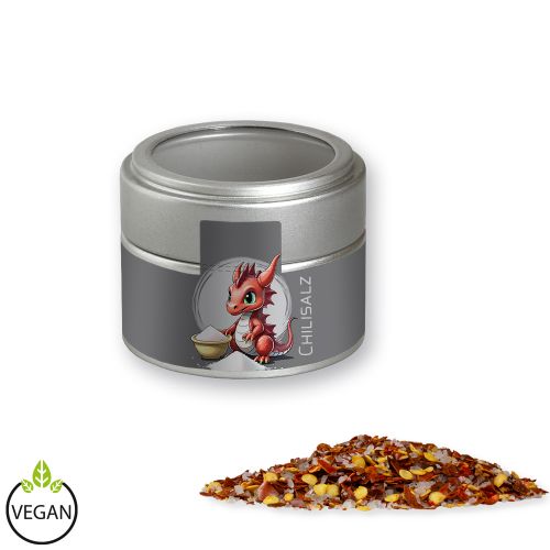 Chili salt, ca. 45g, metal tin mini silver with window with label