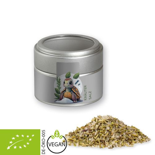 Organic herb salt, ca. 75g, metal tin mini silver with window with label