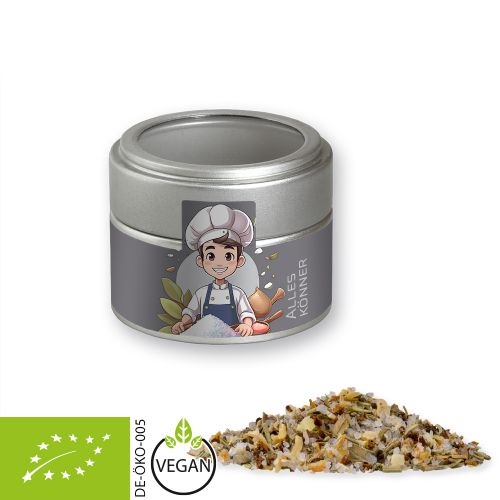 Organic all-rounder spice, ca. 60g, metal tin mini silver with window with label