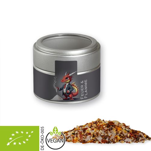 Organic fire and flame spice, ca. 60g, metal tin mini silver with window with label
