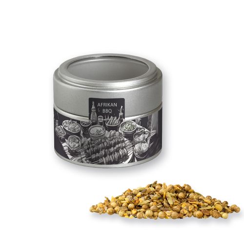 African BBQ, ca. 60g, metal tin mini silver with window with label