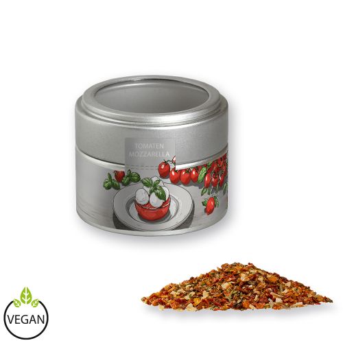 Tomato mozzarella spice, ca. 40g, metal tin mini silver with window with label
