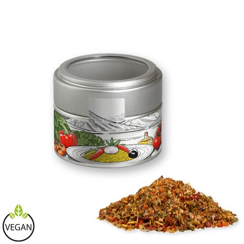 Mediterranean veggie mix, ca. 40g, metal tin mini silver with window with label