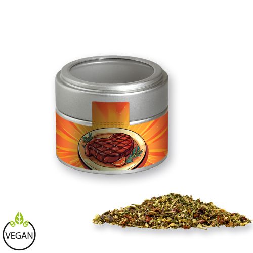 Steak spice, ca. 65g, metal tin mini silver with window with label
