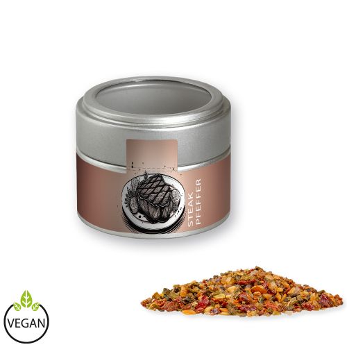 Steak pepper, ca. 60g, metal tin mini silver with window with label