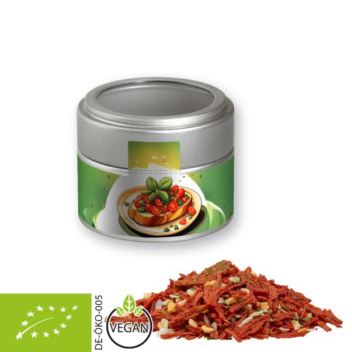 Organic tuscan bruschetta, ca. 40g, metal tin mini silver with window with label