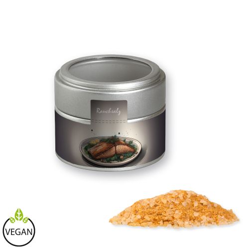 Smoke salt coarse, ca. 110g, metal tin mini silver with window with label