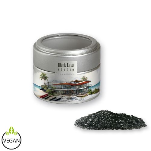 Black lava salt, ca. 110g, metal tin mini silver with window with label