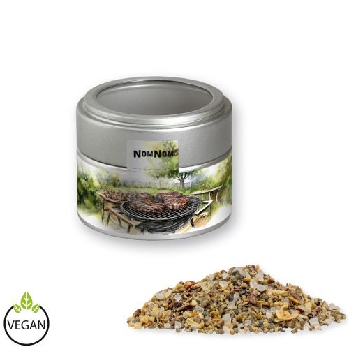 Herb steak spice, ca. 35g, metal tin mini silver with window with label