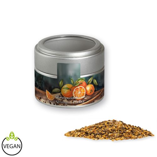Orange pepper, ca. 55g, metal tin mini silver with window with label