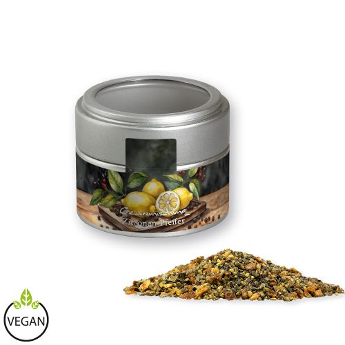 Lemon pepper, ca. 60g, metal tin mini silver with window with label