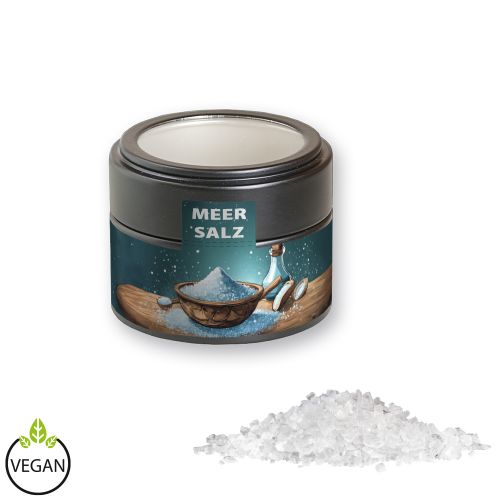 Sea salt, ca. 110g, metal tin mini black with window with label