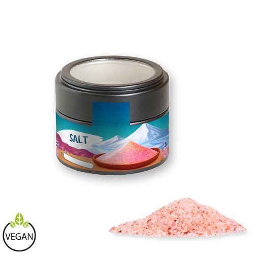 Pink crystal salt, ca. 110g, metal tin mini black with window with label