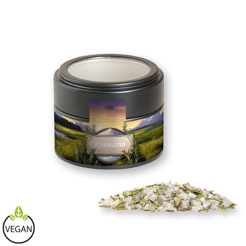 Rosemary salt, ca. 75g, metal tin mini black with window with label