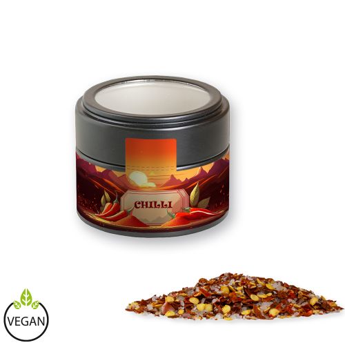 Chili salt, ca. 45g, metal tin mini black with window with label