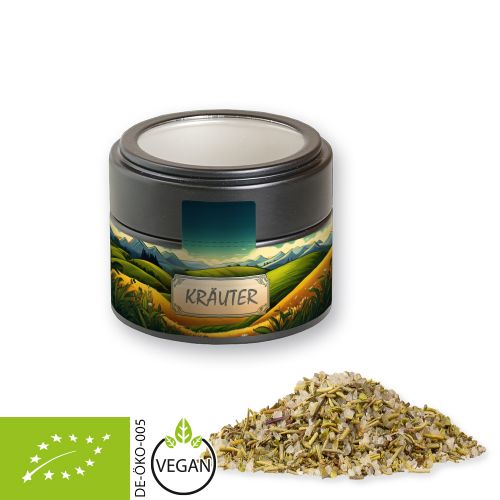 Organic herb salt, ca. 75g, metal tin mini black with window with label