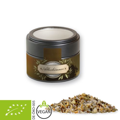 Organic all-rounder spice, ca. 60g, metal tin mini black with window with label