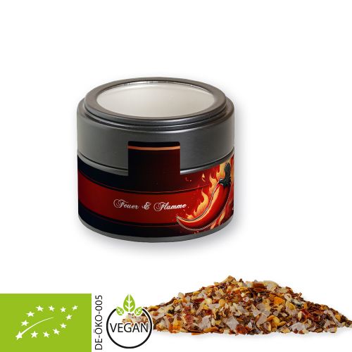 Organic fire and flame spice, ca. 60g, metal tin mini black with window with label