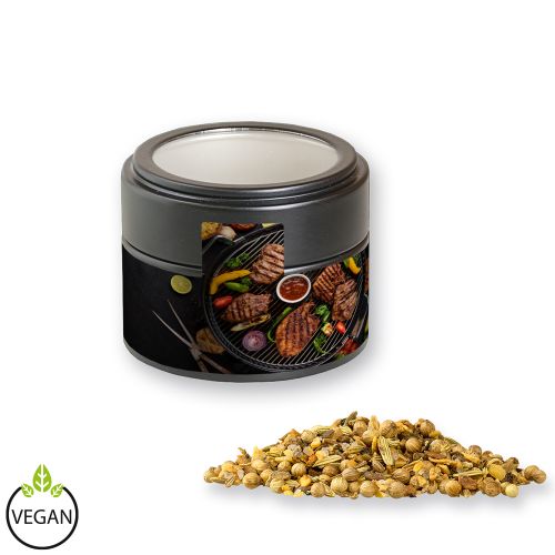 African BBQ, ca. 60g, metal tin mini black with window with label