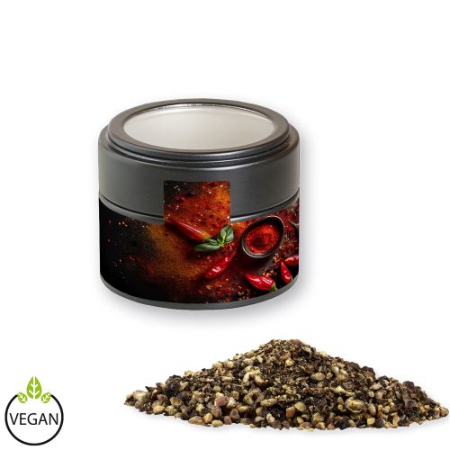 Pepper crushed, ca. 55g, metal tin mini black with window with label