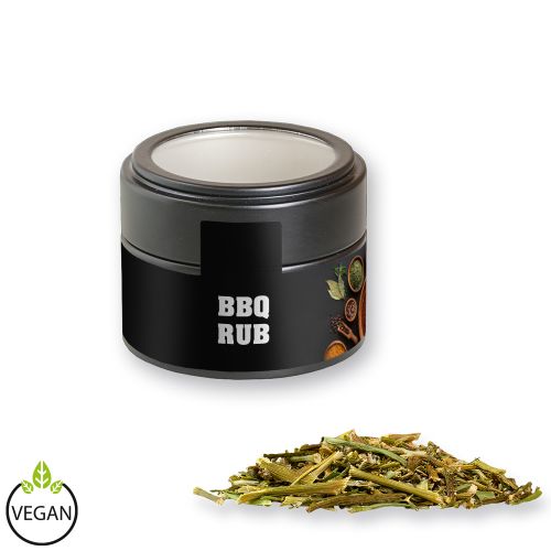 BBQ herbal rub, ca. 40g, metal tin mini black with window with label