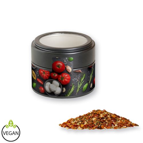 Tomato mozzarella spice, ca. 40g, metal tin mini black with window with label