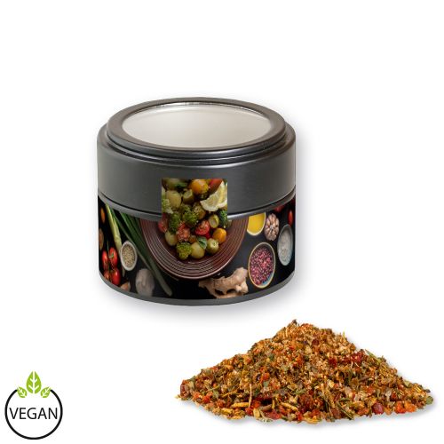 Mediterranean veggie mix, ca. 40g, metal tin mini black with window with label