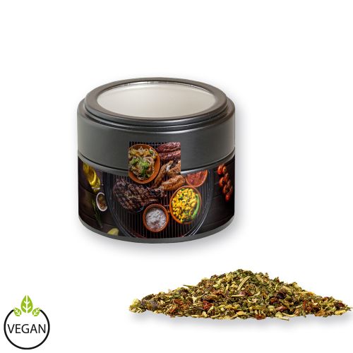 Steak spice, ca. 65g, metal tin mini black with window with label
