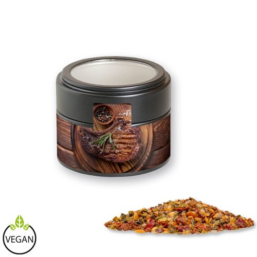 Steak pepper, ca. 60g, metal tin mini black with window with label