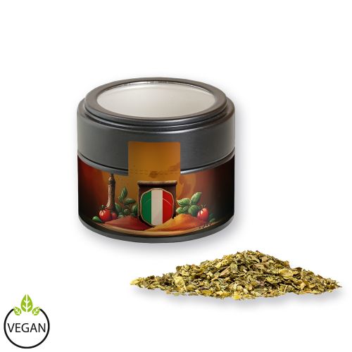 Pizza herb, ca. 16g, metal tin mini black with window with label