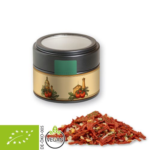 Organic tuscan bruschetta, ca. 40g, metal tin mini black with window with label