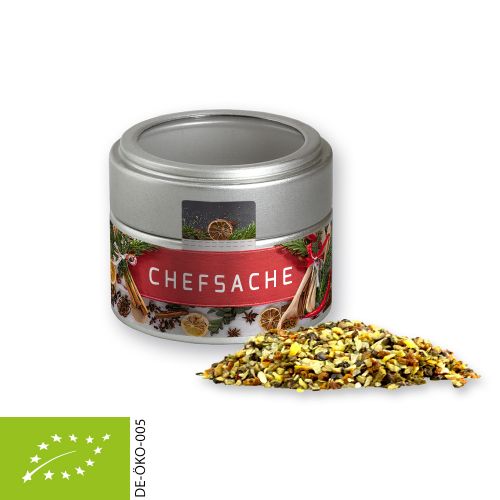 Organic Christmas spice mix chefsmatter, ca. 50g, metal tin mini silver with window with label