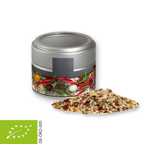 Organic Christmas spice mix roast meat, ca. 50g, metal tin mini silver with window with label